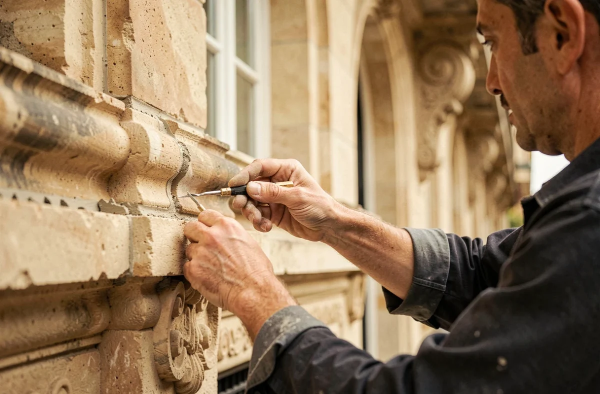 Artisan d'Abcreation restaurant des éléments décoratifs en pierre sur une façade historique dans l'Oise