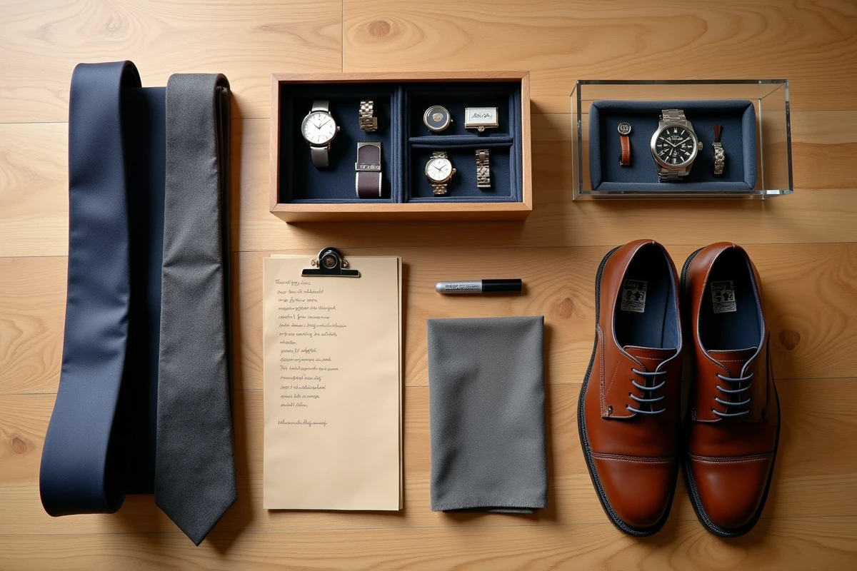Vue à plat d'accessoires de rangement pour dressing : porte-cravates, plateau à bijoux, boîte à chaussures transparente et étiqueteuse sur bois clair