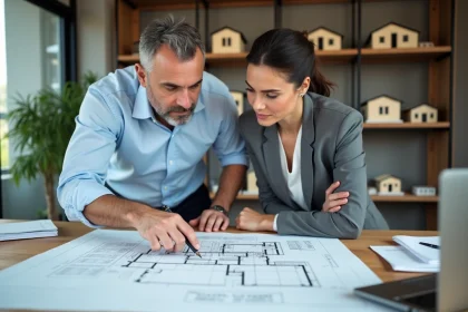 Acheteur et architecte examinant les plans d'un chalet en construction sur une table de bureau immobilier