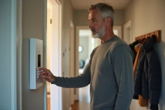 Homme appuyant sur le clavier d'un système d'alarme de maison pour activer la sécurité du domicile