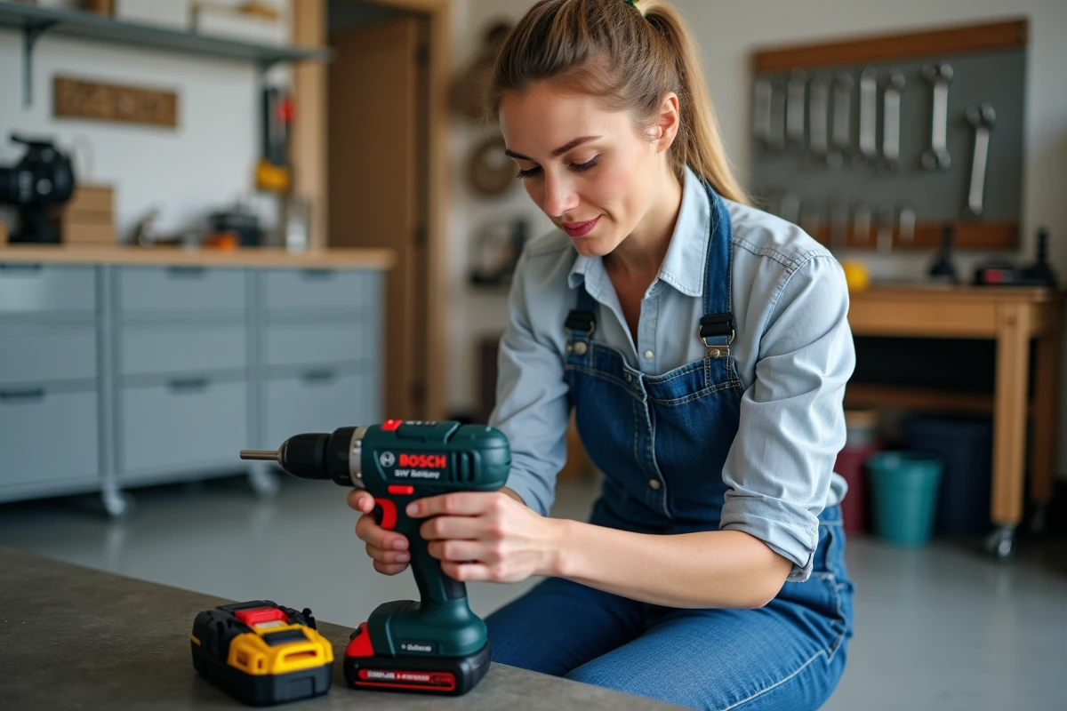 Femme essayant d'adapter une batterie Bosch sur une perceuse sans fil Parkside dans un garage
