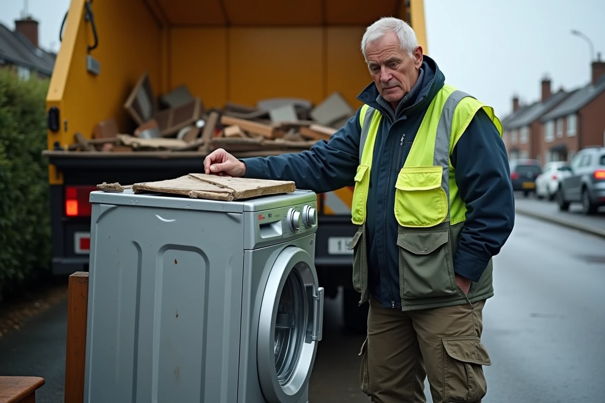 Agent de collecte municipale inspectant des encombrants déposés en bord de rue, dont un lave-linge hors d'usage et des meubles abîmés