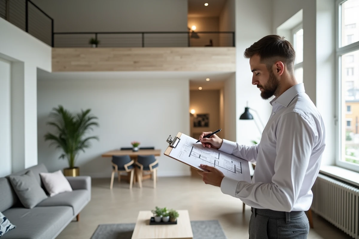 Agent immobilier annotant un plan de surface habitable dans un appartement moderne aux murs blancs