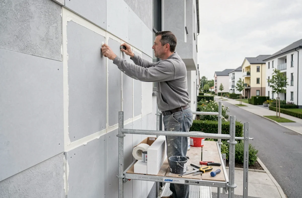 Spécialiste d'Ai Apic posant un système d'isolation thermique par l'extérieur sur une maison neuve dans l'Oise