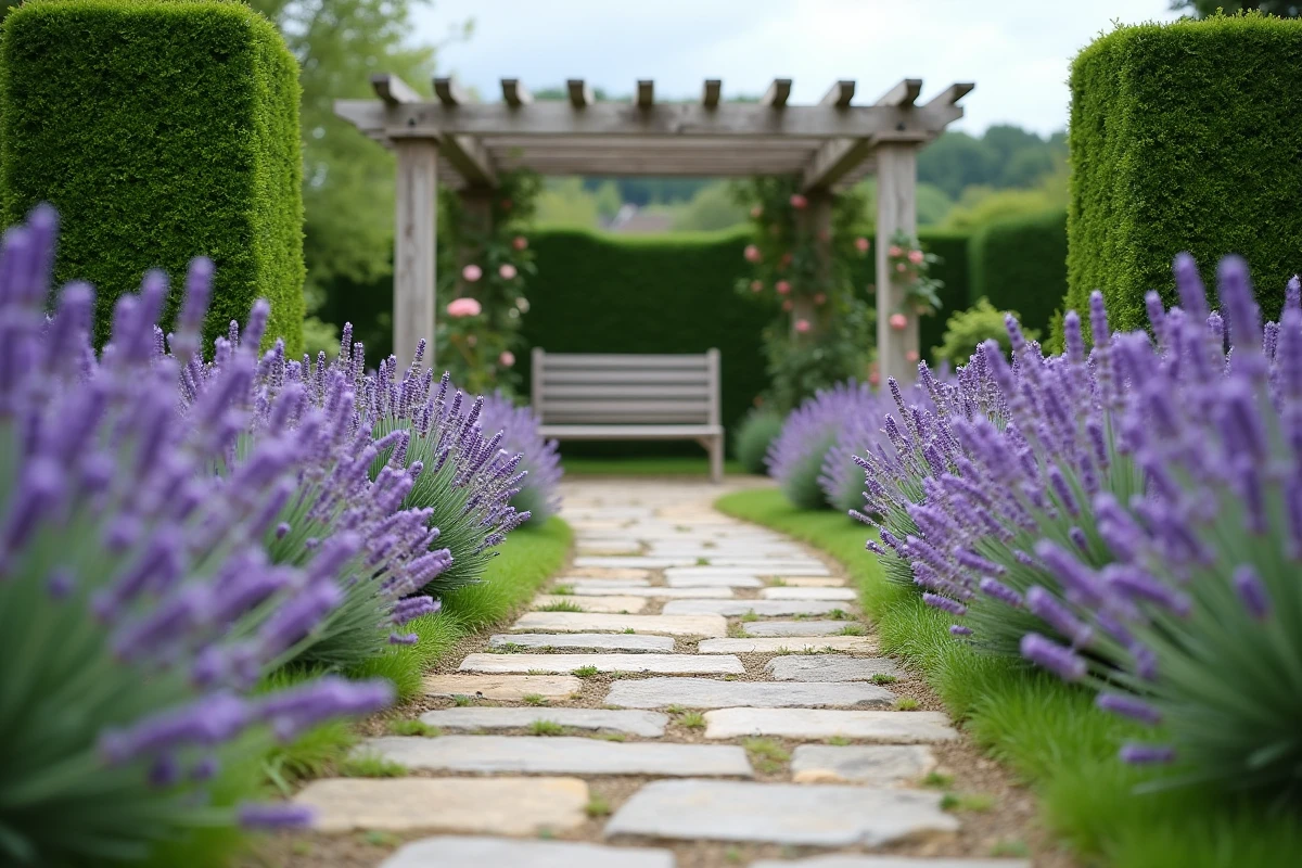 Allée de jardin bordée de lavande en fleurs avec pergola en bois en arrière-plan