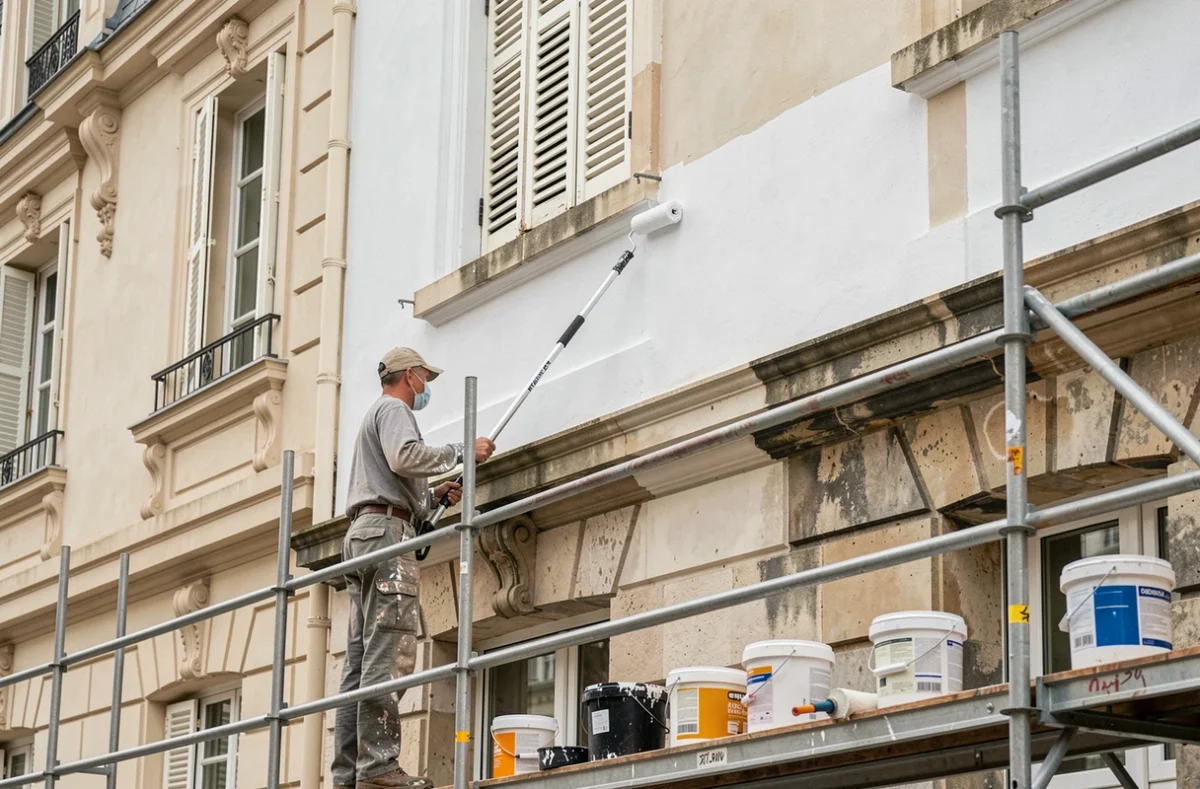 Peintre d'AMX Peinture réalisant un ravalement de façade sur une maison résidentielle