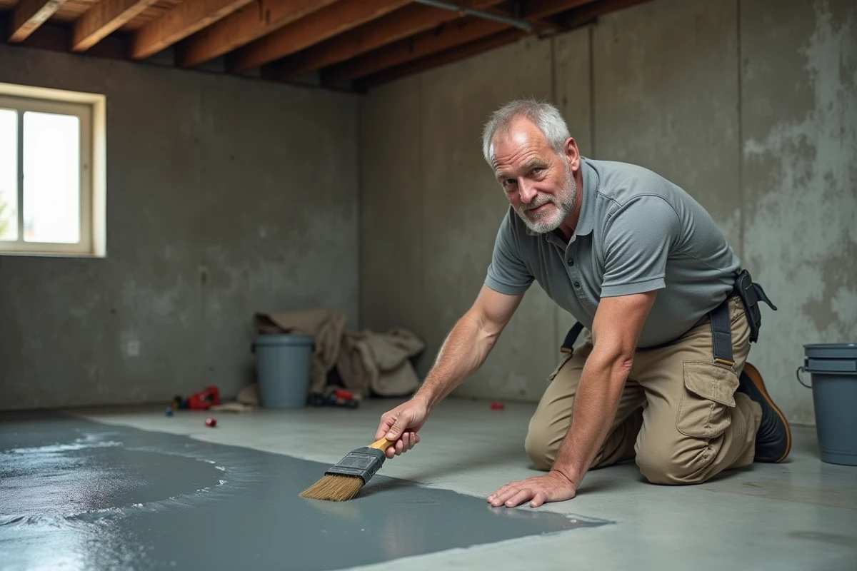 Artisan appliquant une membrane d'étanchéité sur un sol en béton de sous-sol pour stopper les remontées capillaires d'humidité