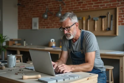 Un homme apprenant le bricolage en ligne sur un ordinateur portable dans son atelier de rénovation à domicile