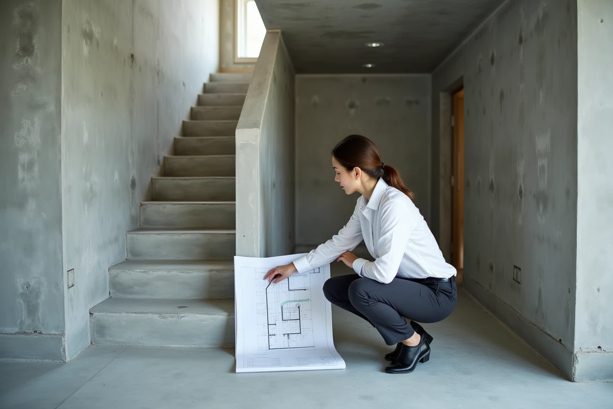 Architecte mesurant l'emprise au sol d'un escalier en béton dans un appartement en construction