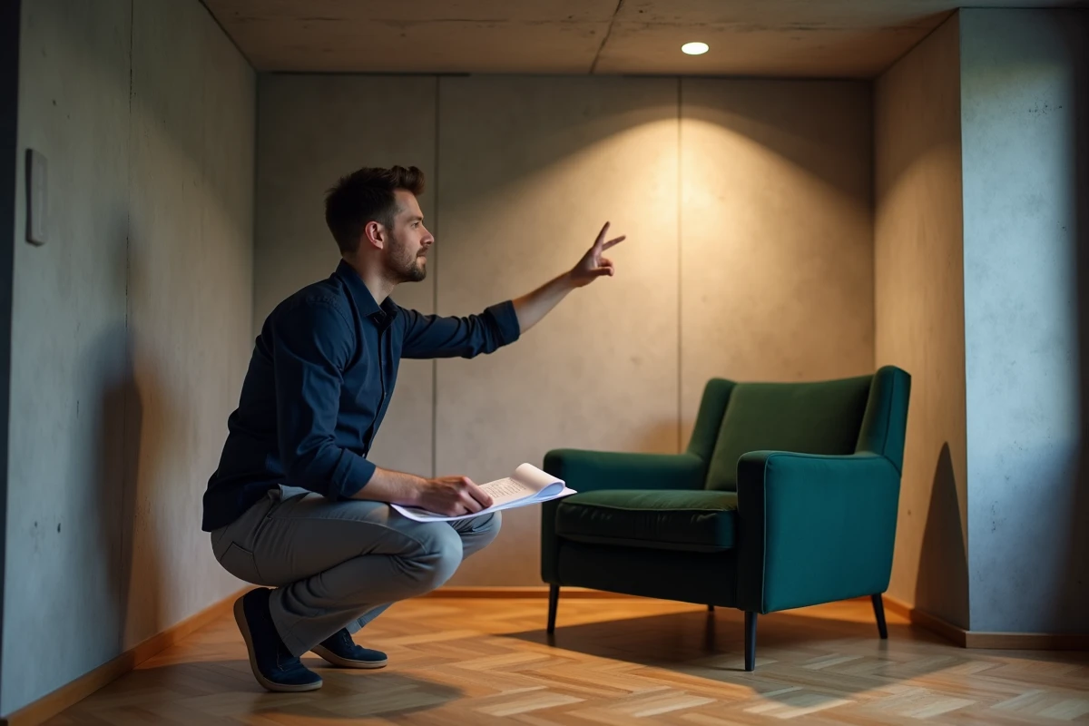 Architecte d'intérieur pointant l'emplacement d'un spot encastré au-dessus d'un fauteuil de lecture dans un salon