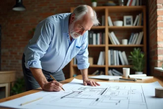 Architecte dimensionnant une piscine sur plan technique avec outils de mesure