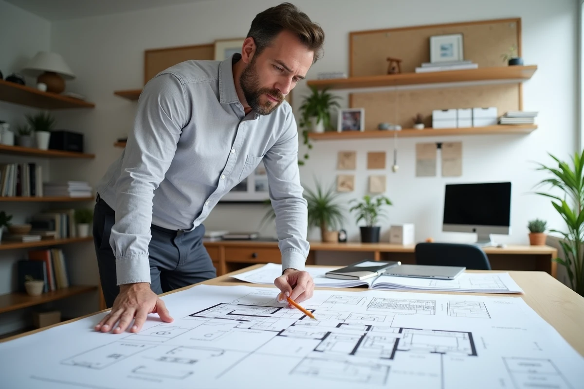 Architecte analysant les plans et le devis d'une extension de 50m² posés sur une table de travail en agence