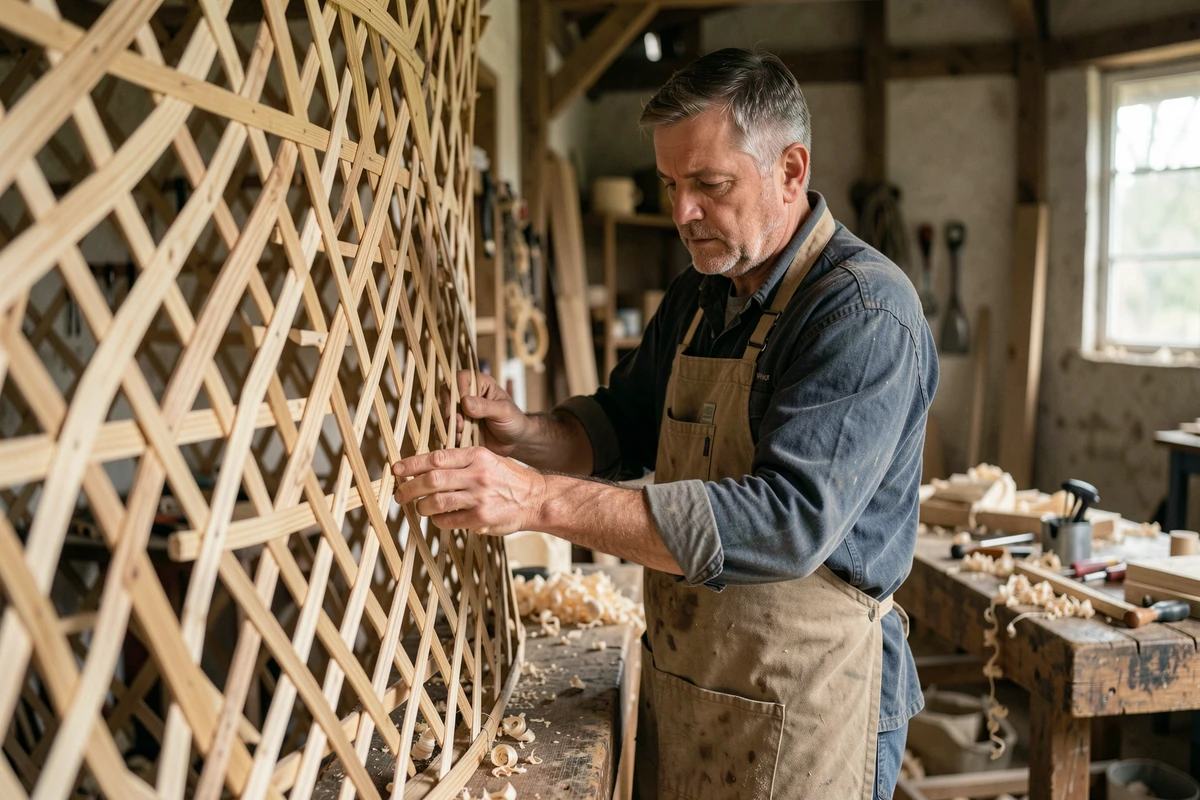 Artisan assemblant les panneaux en treillis de bois d'une yourte écologique dans un atelier rural