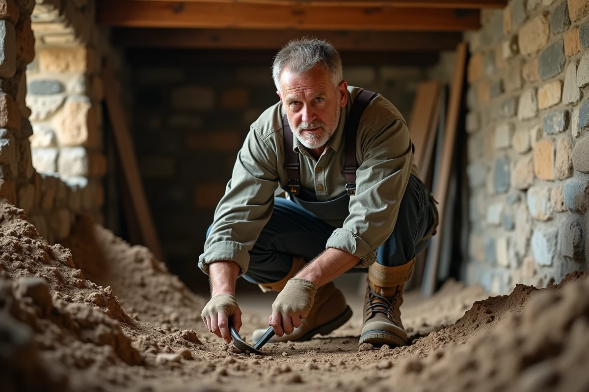 Artisan inspectant un sous-sol en terre battue lors de travaux de rénovation d'une cave ancienne