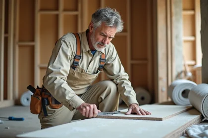 Artisan posant du placoplatre avec isolation thermique dans une pièce en cours de rénovation