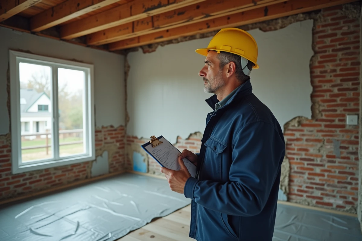 Artisan en veste de travail inspectant un mur lors d'une rénovation intérieure de maison