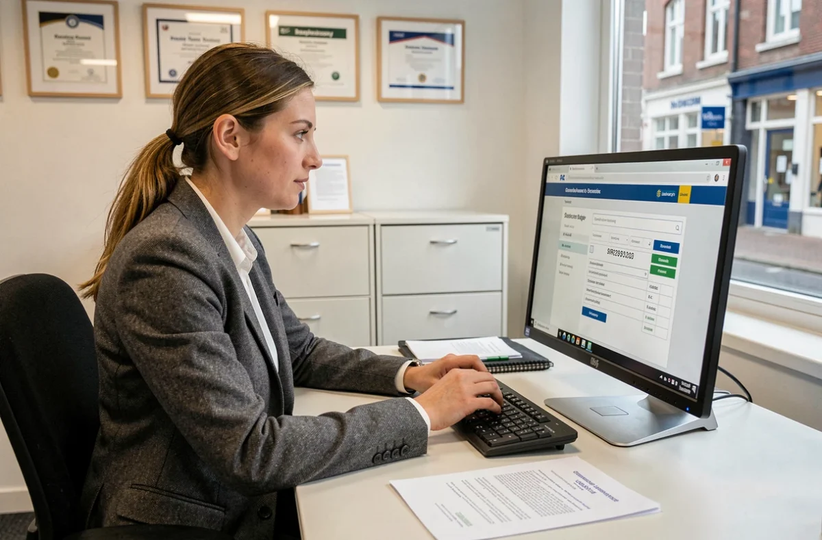 Cheffe d'entreprise vérifiant le numéro SIRET d'une entreprise de rénovation sur un registre en ligne dans un bureau lillois pour Au Registre