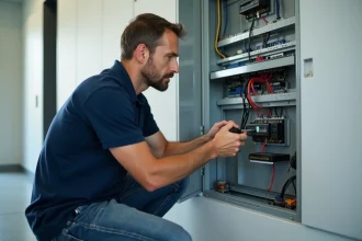 Technicien en domotique inspectant un automate programmable dans un tableau électrique de maison connectée