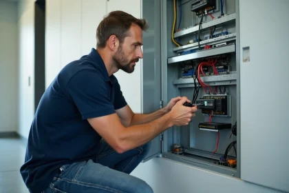 Technicien en domotique inspectant un automate programmable dans un tableau électrique de maison connectée