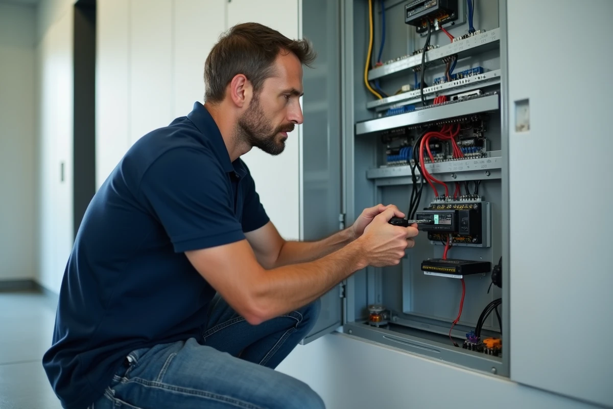 Technicien en domotique inspectant un automate programmable dans un tableau électrique de maison connectée