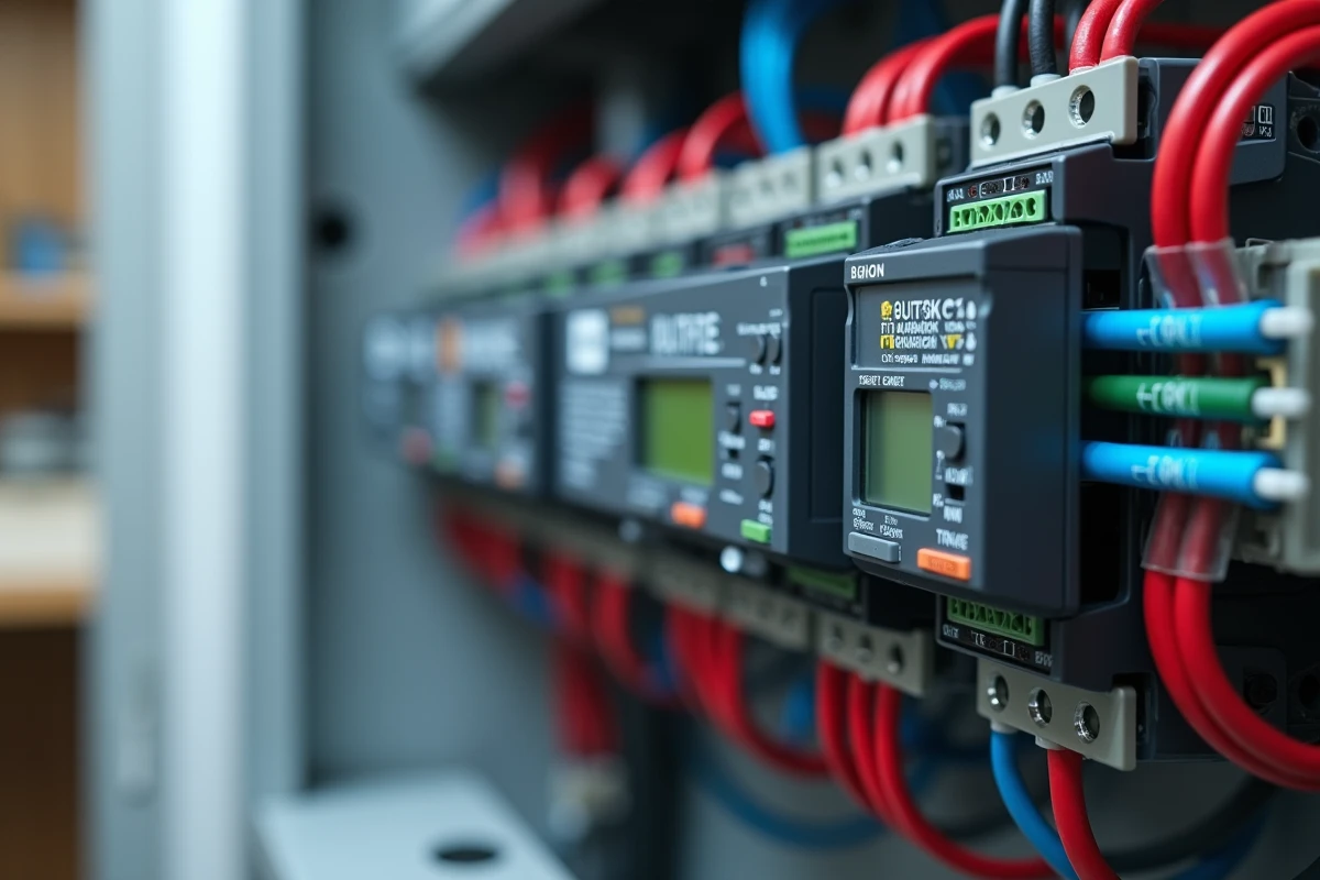 Gros plan sur un automate programmable pour domotique avec câblage coloré et écran de statut dans un tableau électrique résidentiel