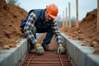 Ouvrier de chantier inspectant un quadrillage de barres d'armature en acier dans une fondation en béton