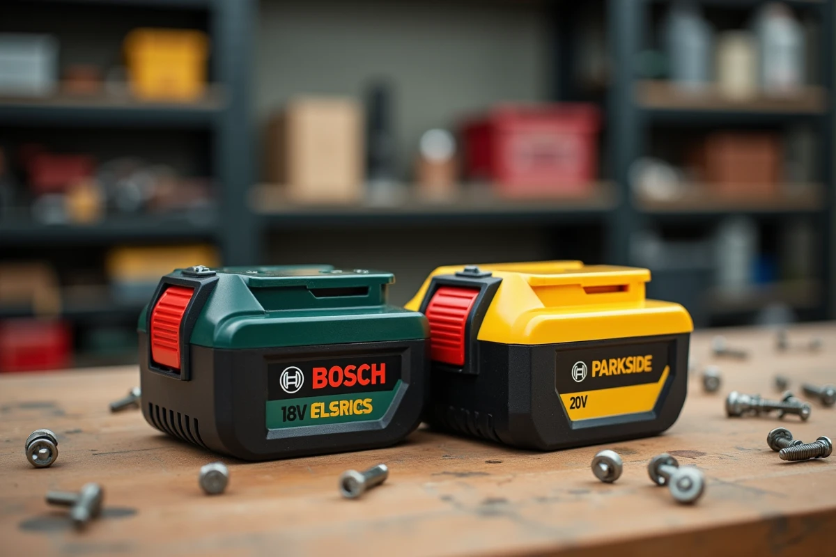 Batterie Bosch 18V et batterie Parkside 20V côte à côte sur un établi, comparaison des connecteurs