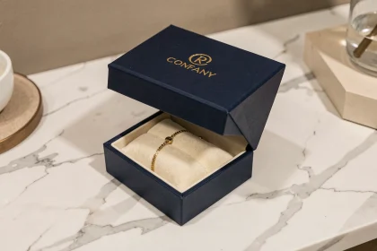 Boîte bijoux personnalisée bleu marine avec logo doré en relief ouverte sur un bracelet en or sur marbre blanc