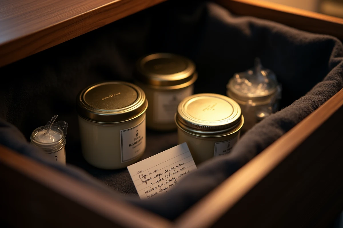 Bougies en pot avec couvercles conservées dans un tiroir en bois sombre avec des sachets de gel de silice