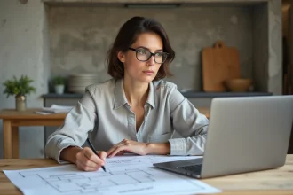 Femme consultant des devis de rénovation maison sur une table en bois avec plans et ordinateur portable
