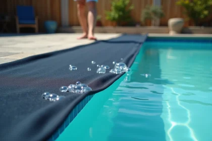 Femme examinant les bulles sous une couverture solaire de piscine dans un jardin résidentiel