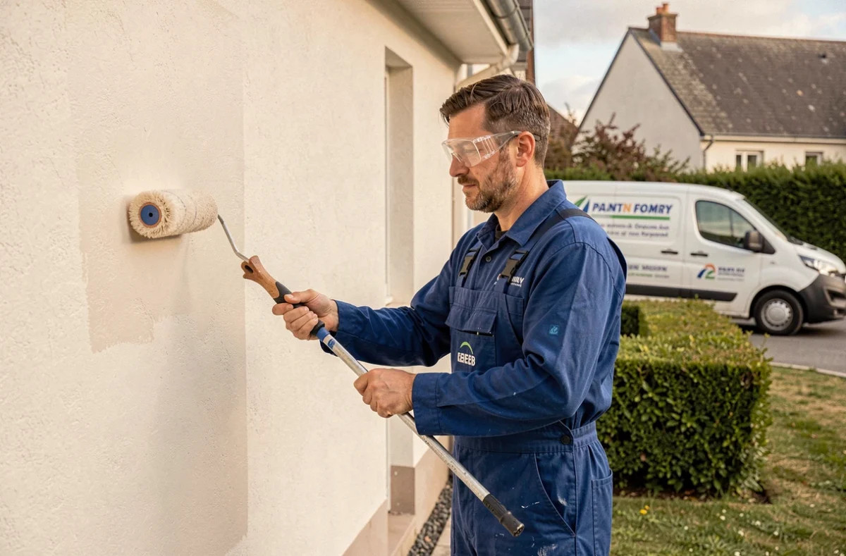 Peintre façadier de BZH Peinture appliquant une peinture extérieure sur une maison à Cintré en Bretagne