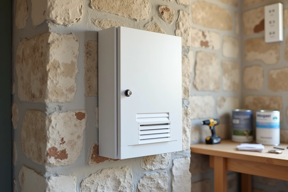 Habillage DIY d'un compteur électrique en MDF blanc avec grille de ventilation dans une maison de campagne rénovée