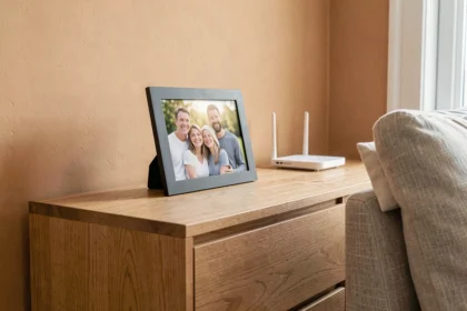 Cadre photo connectée posé sur un meuble en bois dans un salon scandinave avec routeur WiFi visible en arrière-plan