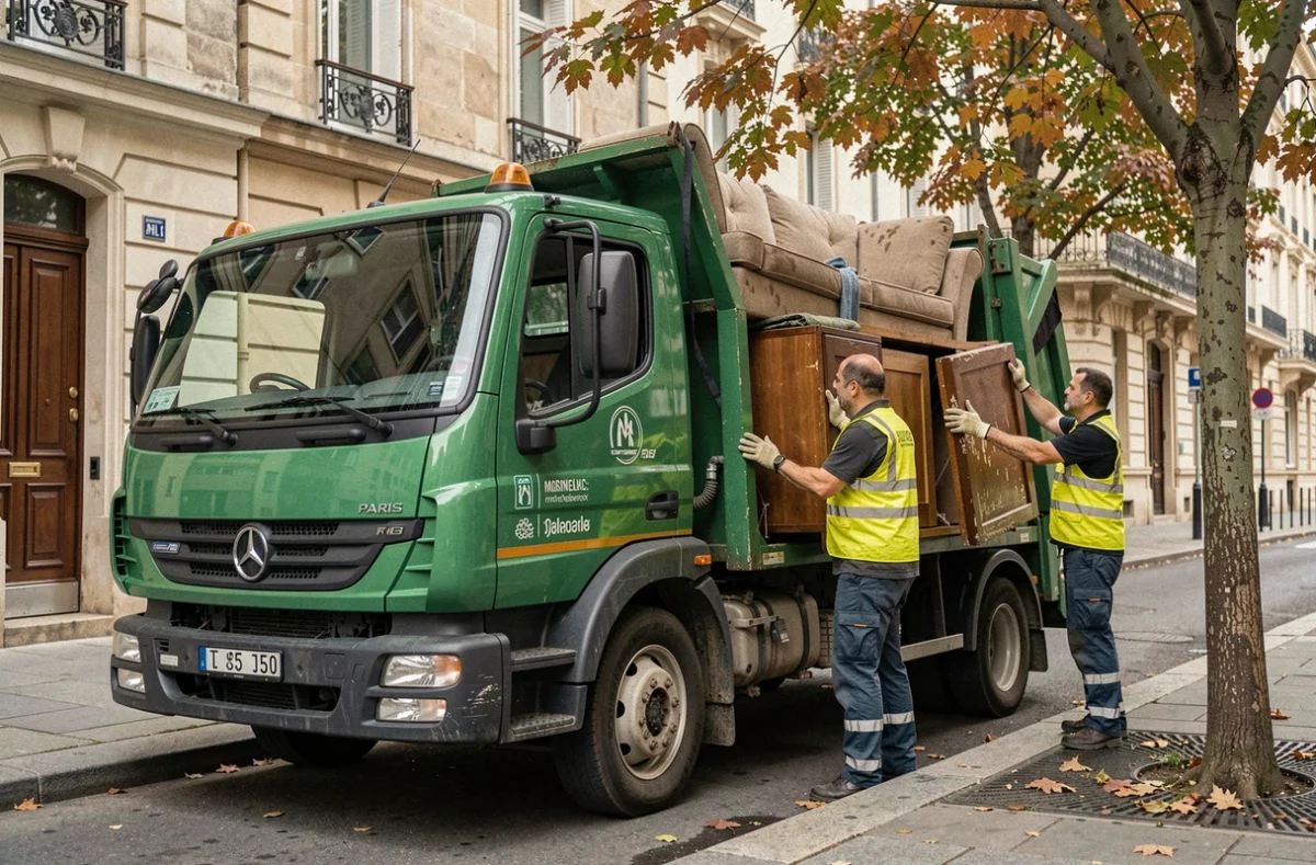 Agents municipaux chargeant des meubles encombrants dans un camion de collecte dans le 15e arrondissement de Paris