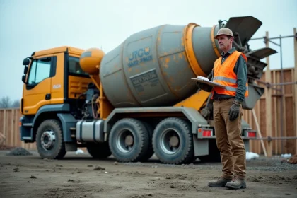 Camion toupie béton sur un chantier résidentiel avec un ouvrier tenant un bon de livraison