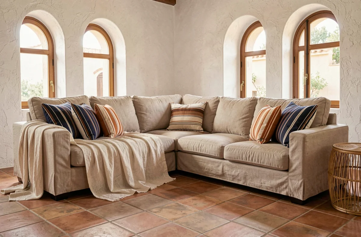 Salon méditerranéen avec canapé beige en L, jeté en lin écru et coussins décoratifs rayés bleu marine, orange brûlé et blanc cassé