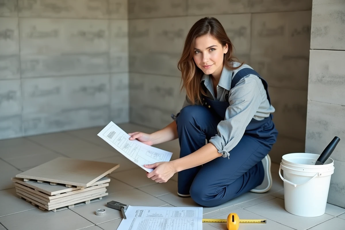 Carreleur professionnel consultant une fiche technique avant de poser du carrelage sur béton sec dans une salle de bain en rénovation