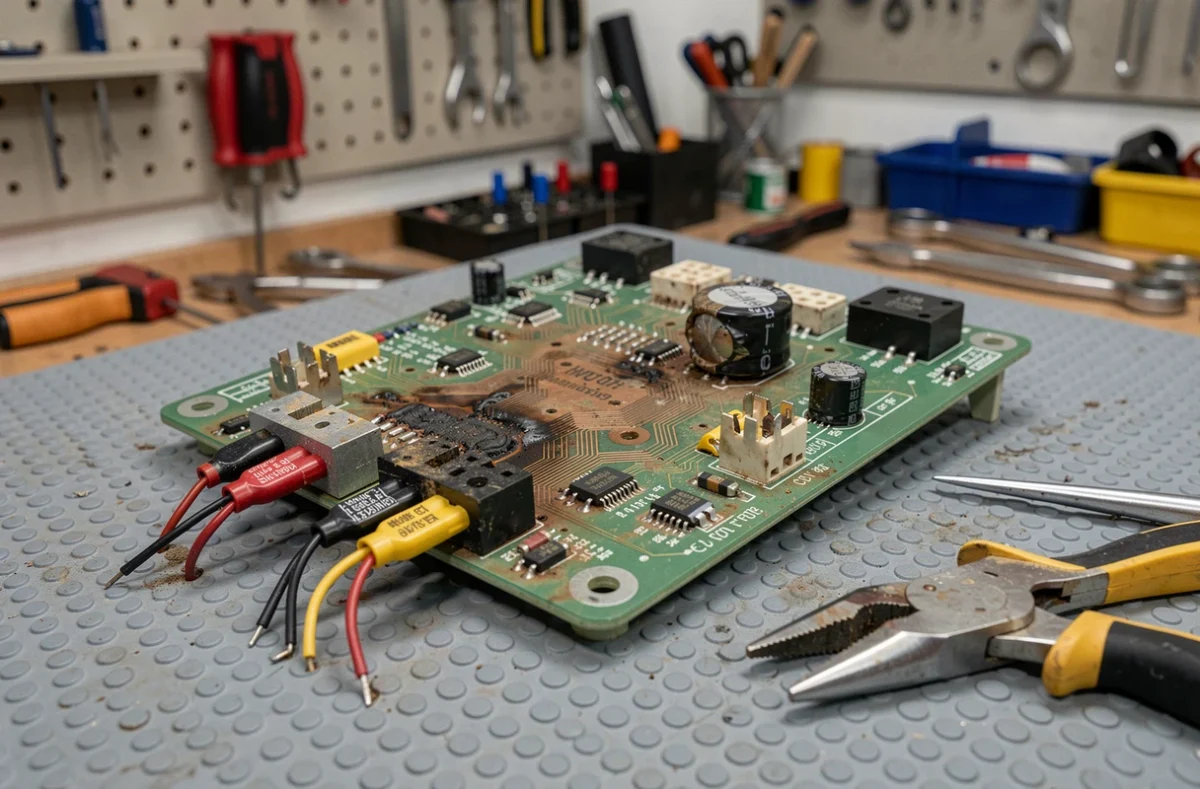 Carte électronique de portail automatique endommagée avec composants brûlés et corrodés sur établi d'atelier
