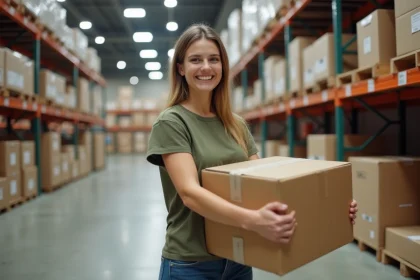 Femme tenant une pile de cartons de déménagement dans un magasin de bricolage