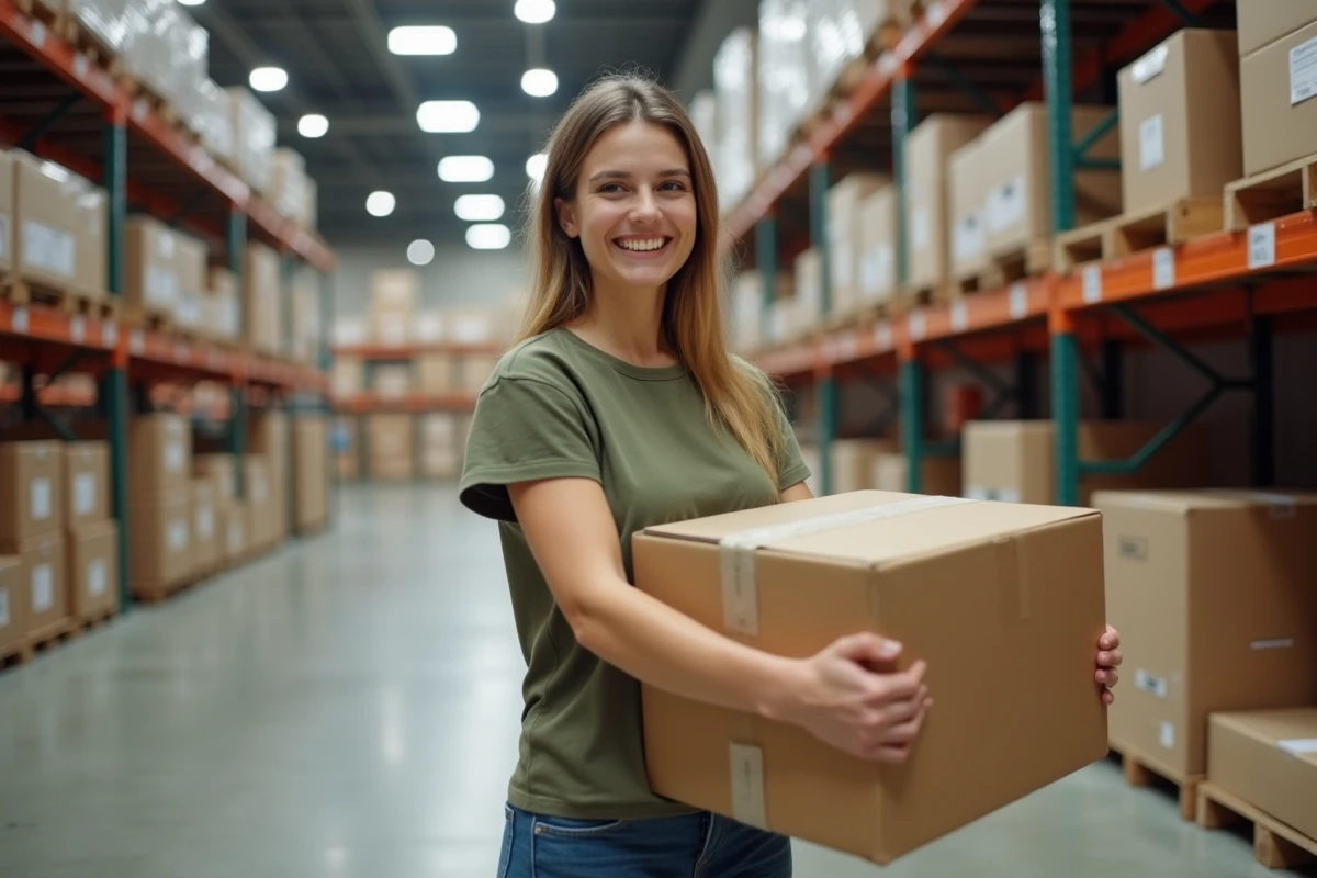 Femme tenant une pile de cartons de déménagement dans un magasin de bricolage