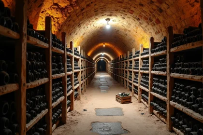 Cave à vin souterraine avec voûtes en pierre et étagères de bouteilles poussiéreuses dans un cellier traditionnel