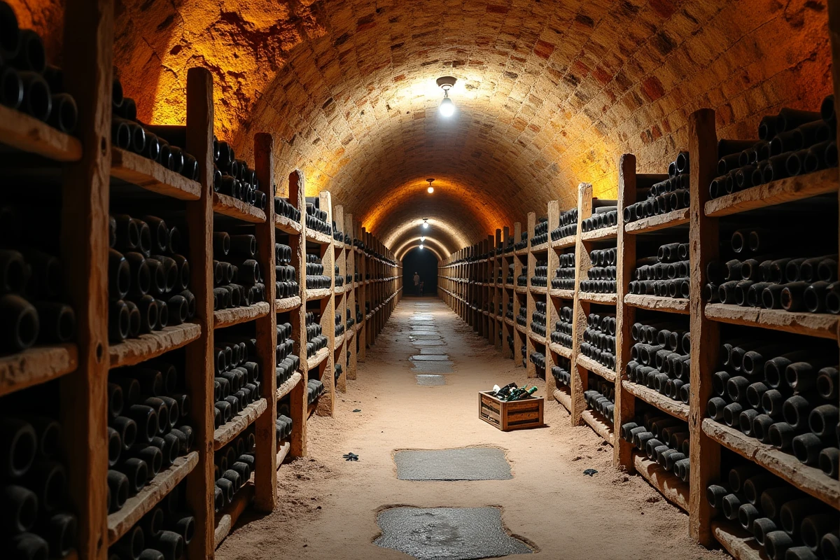 Cave à vin souterraine avec voûtes en pierre et étagères de bouteilles poussiéreuses dans un cellier traditionnel