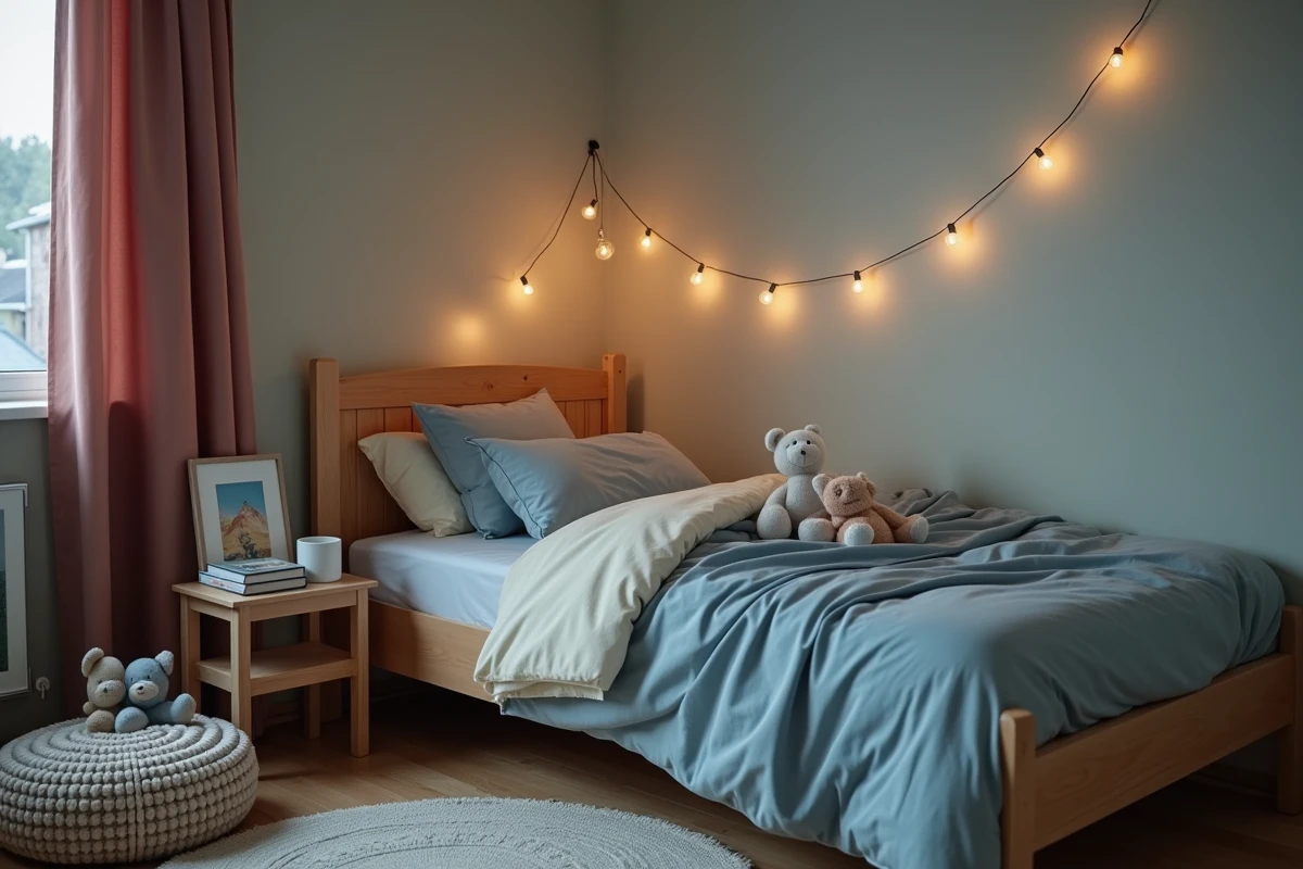 Chambre d'enfant apaisante et propice au sommeil avec lit en bois, literie douce et rideaux occultants