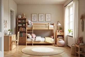 Chambre d'enfant bien organisée avec lit mezzanine en bois, coin lecture, bibliothèque colorée et bureau créatif