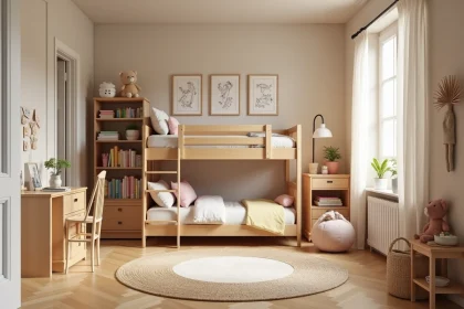 Chambre d'enfant bien organisée avec lit mezzanine en bois, coin lecture, bibliothèque colorée et bureau créatif