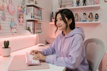 Jeune femme gamer assise à un bureau gaming blanc avec setup pastel rose et lavande dans une chambre fille décorée