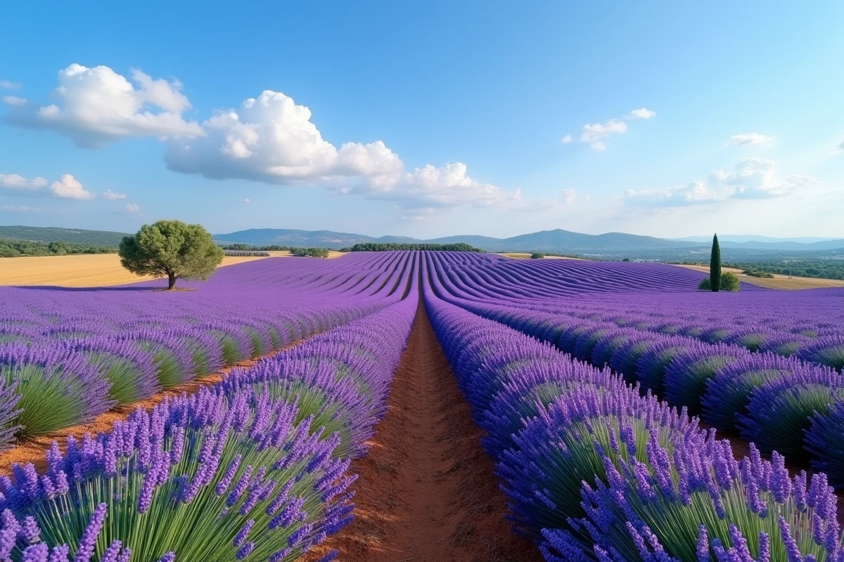 Champ de lavande en fleur en Provence avec rangées violettes s'étendant à l'horizon sous un ciel bleu