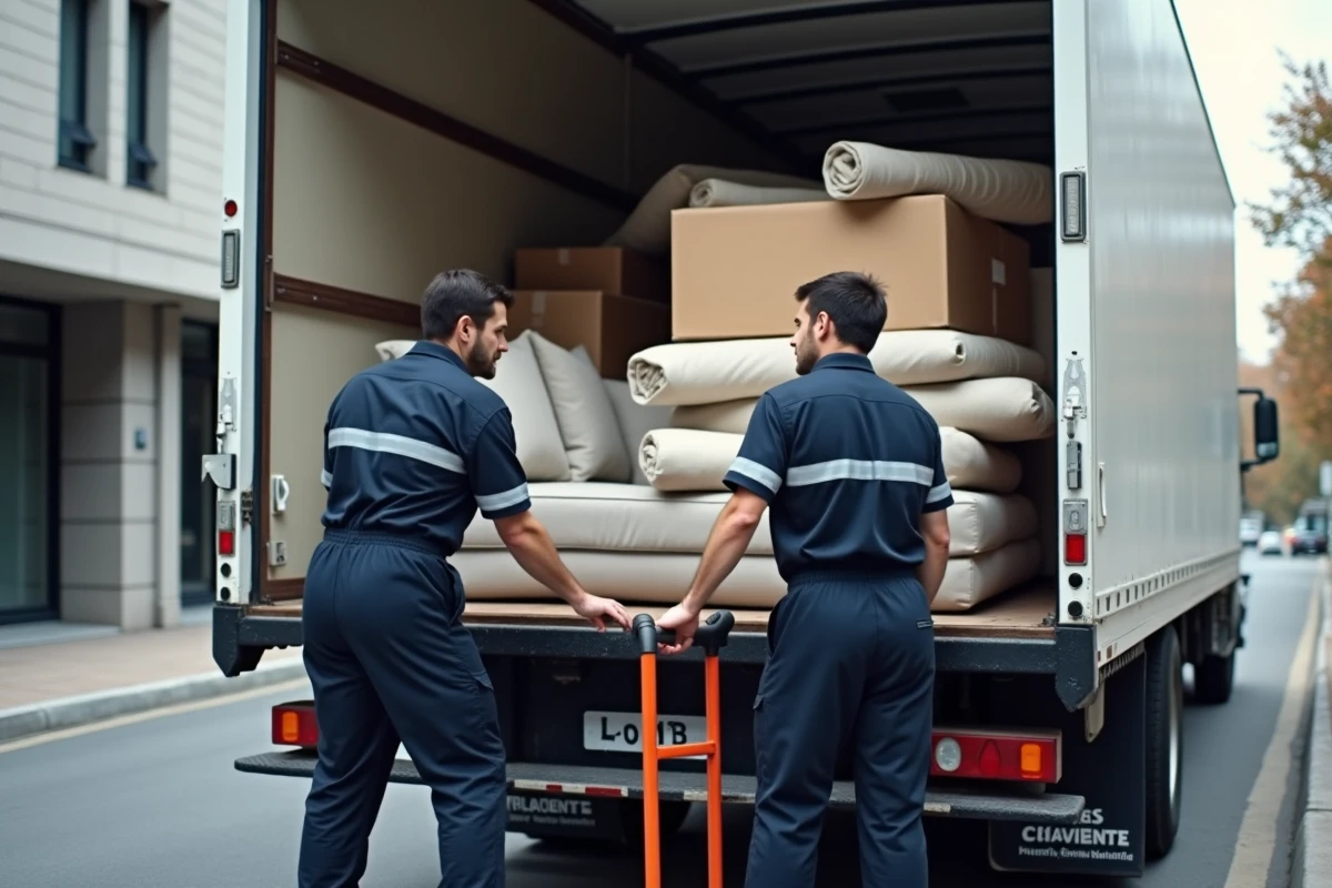 Deux déménageurs chargeant des meubles dans un camion de déménagement en milieu urbain