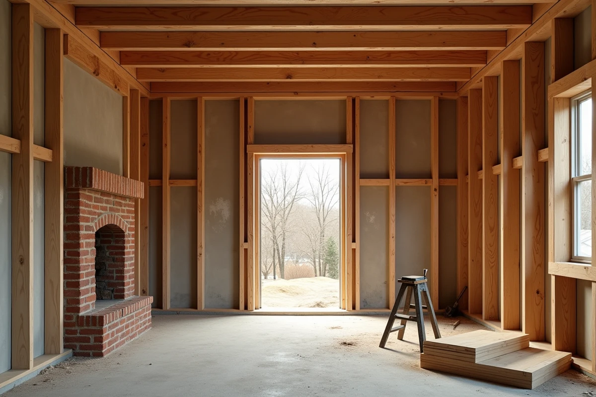 Charpente en bois et lattis intérieurs d'une maison en construction dans les années 1920, avec structure apparente et outils d'époque